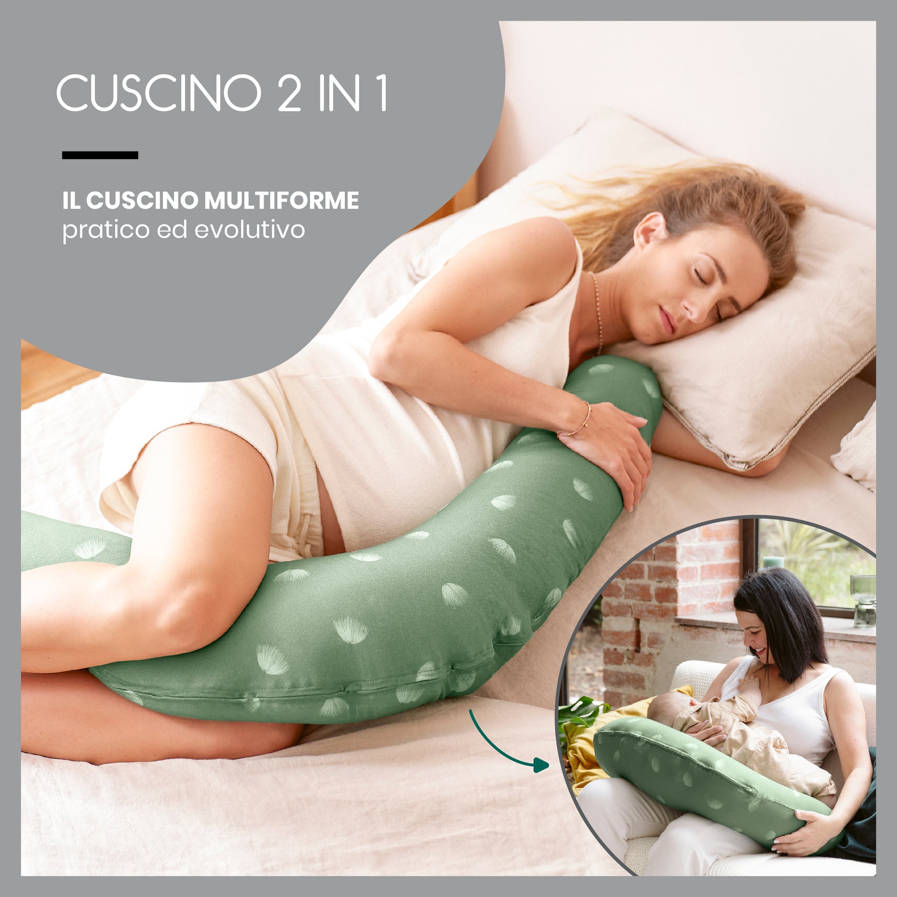 Babymoov Cuscino Maternità E Allattamento B.LOVE 2 In 1 – Wind Vert, Cotone Biologico, Microsfere Silenziose